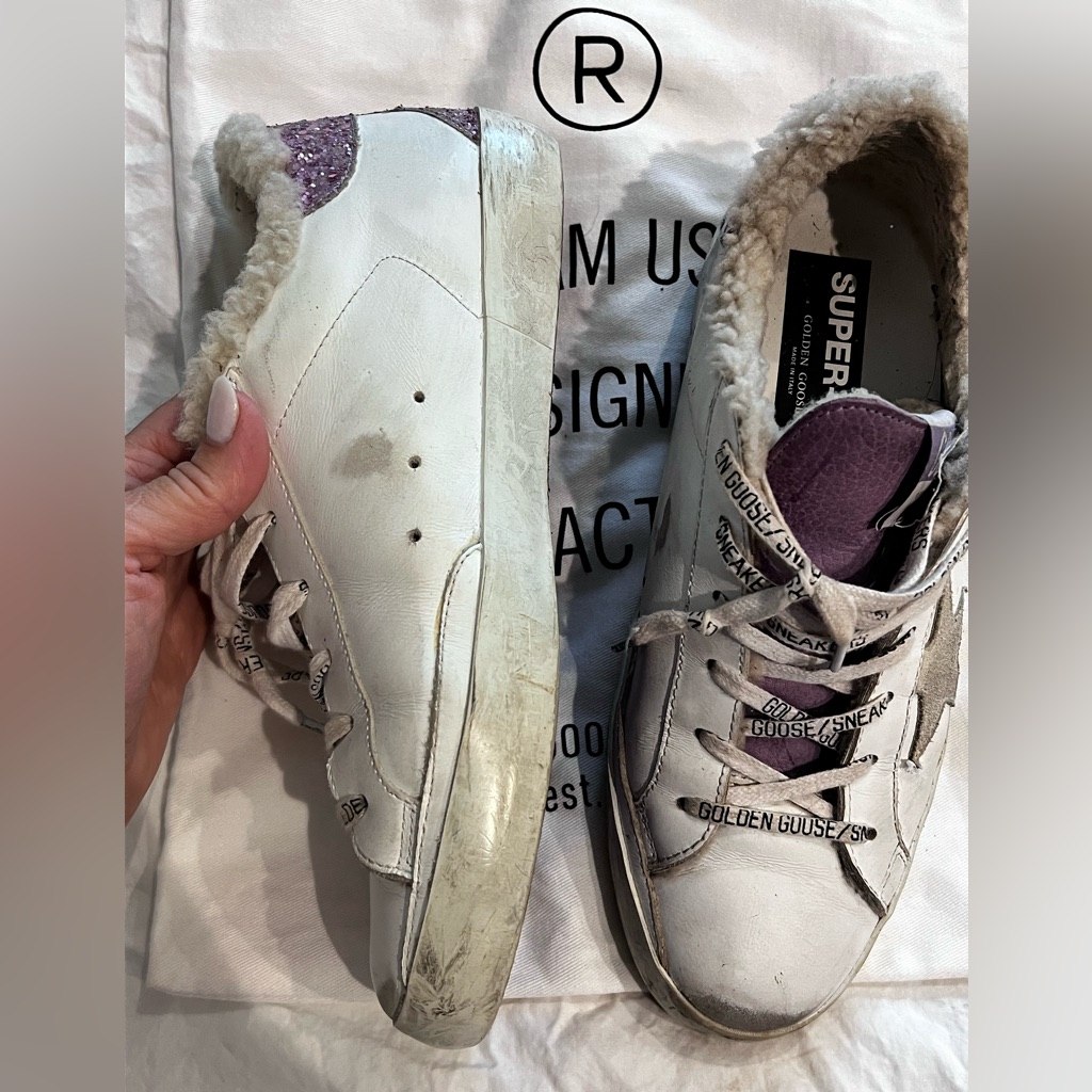 Golden Goose White Leather Sneakers With Purple Accents And Shearling